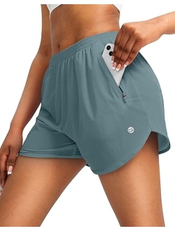 Women's Running Shorts with Zipper Pockets Quick Dry Athletic Workout Gym 3" Shorts for Women with Comfy Liner