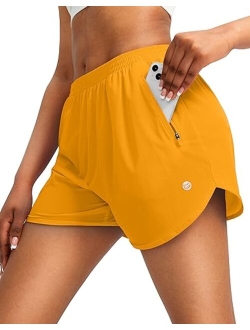 Women's Running Shorts with Zipper Pockets Quick Dry Athletic Workout Gym 3" Shorts for Women with Comfy Liner