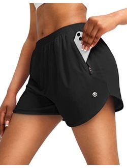 Women's Running Shorts with Zipper Pockets Quick Dry Athletic Workout Gym 3" Shorts for Women with Comfy Liner