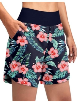 Women's 7" Quick Dry Swim Board Shorts Swimming Bottoms High Waisted Beach Shorts for Women with Liner Pockets