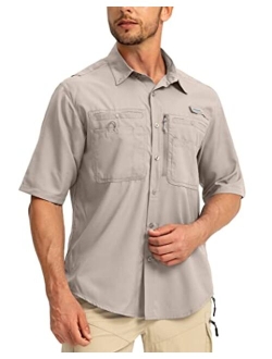 Men's Fishing Shirts with Zipper Pockets UPF 50  Lightweight Cool Short Sleeve Button Down Shirts for Men Casual Hiking