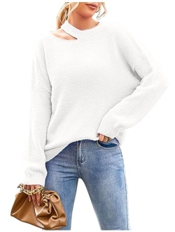 Women's 2023 Long Lantern Sleeve Halter Neck Cutout Fuzzy Knit Pullover Sweater Jumper Top