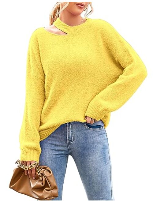 MEROKEETY Women's 2023 Long Lantern Sleeve Halter Neck Cutout Fuzzy Knit Pullover Sweater Jumper Top