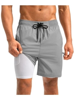 Mens Swim Trunks with Compression Liner 5 inch Inseam Quick Dry Bathing Suits with Zipper Pocket-No Thigh Chafing