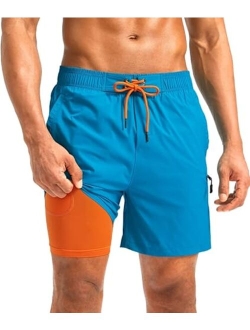 Mens Swim Trunks with Compression Liner 5 inch Inseam Quick Dry Bathing Suits with Zipper Pocket-No Thigh Chafing