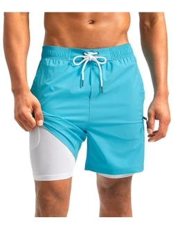 Mens Swim Trunks with Compression Liner 5 inch Inseam Quick Dry Bathing Suits with Zipper Pocket-No Thigh Chafing