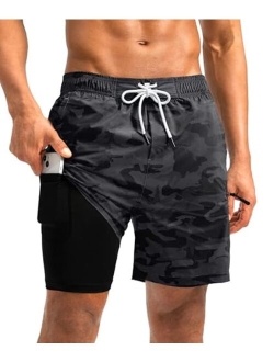 Mens Swim Trunks with Compression Liner 5 inch Inseam Quick Dry Bathing Suits with Zipper Pocket-No Thigh Chafing