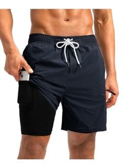 Mens Swim Trunks with Compression Liner 5 inch Inseam Quick Dry Bathing Suits with Zipper Pocket-No Thigh Chafing