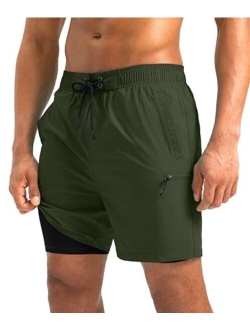 Mens Swim Trunks with Compression Liner 5 inch Inseam Quick Dry Bathing Suits with Zipper Pocket-No Thigh Chafing