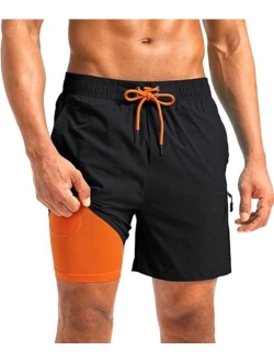 Mens Swim Trunks with Compression Liner 5 inch Inseam Quick Dry Bathing Suits with Zipper Pocket-No Thigh Chafing