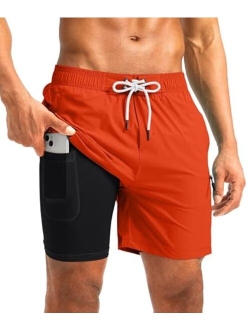 Mens Swim Trunks with Compression Liner 5 inch Inseam Quick Dry Bathing Suits with Zipper Pocket-No Thigh Chafing