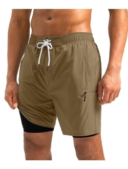 Mens Swim Trunks with Compression Liner 5 inch Inseam Quick Dry Bathing Suits with Zipper Pocket-No Thigh Chafing