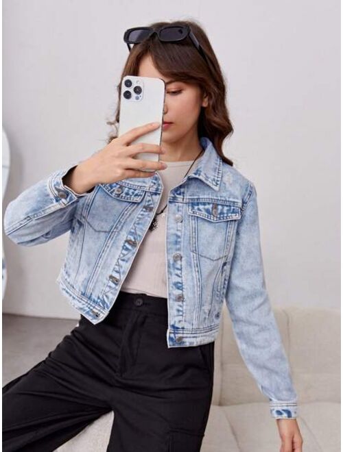 Shein Teen Girl 1pc Flap Pocket Denim Jacket