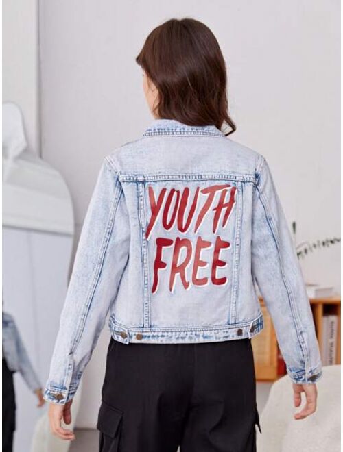 Shein Teen Girl Letter Graphic Flap Pocket Denim Jacket