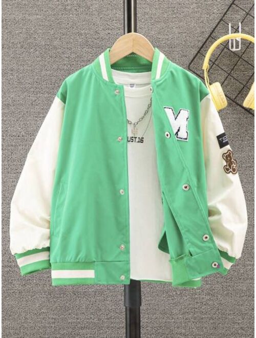 Shein Tween Boy Letter Patched Striped Trim Colorblock Varsity Jacket Without Tee