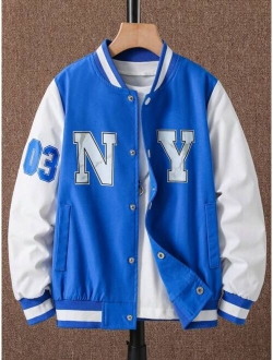 SHEIN Kids EVRYDAY Tween Boy Letter Graphic Two Tone Varsity Jacket Without Tee