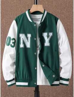 SHEIN Kids EVRYDAY Tween Boy Letter Graphic Two Tone Varsity Jacket Without Tee