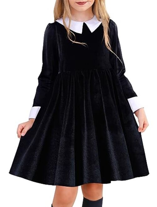 ALLIFly Girls Halloween Dress Toddler Peter Pan Collar Dress Long/Short Sleeve Dresses 3-12 Years