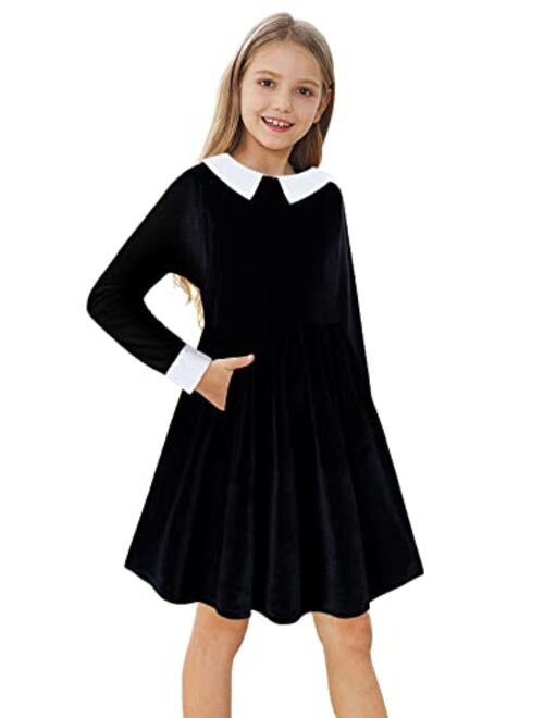 ALLIFly Girls Halloween Dress Toddler Peter Pan Collar Dress Long/Short Sleeve Dresses 3-12 Years