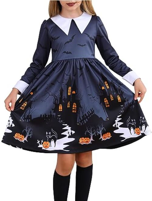 ALLIFly Girls Halloween Dress Toddler Peter Pan Collar Dress Long/Short Sleeve Dresses 3-12 Years