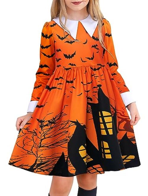 ALLIFly Girls Halloween Dress Toddler Peter Pan Collar Dress Long/Short Sleeve Dresses 3-12 Years