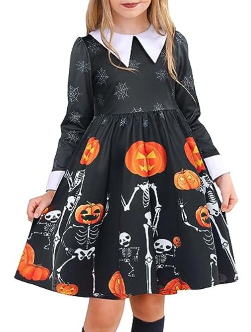 ALLIFly Girls Halloween Dress Toddler Peter Pan Collar Dress Long/Short Sleeve Dresses 3-12 Years