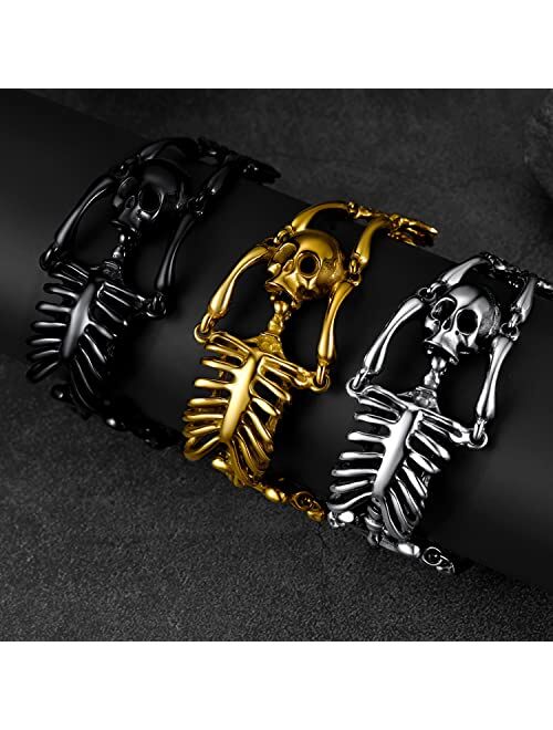 U7 Gothic Skull Bracelets for Men Women, Stainless Steel/18K Gold Plated/Silver Black Punk Skeleton Head Chain Bracelet Party Accessories for Rapper Biker