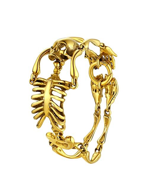 U7 Gothic Skull Bracelets for Men Women, Stainless Steel/18K Gold Plated/Silver Black Punk Skeleton Head Chain Bracelet Party Accessories for Rapper Biker