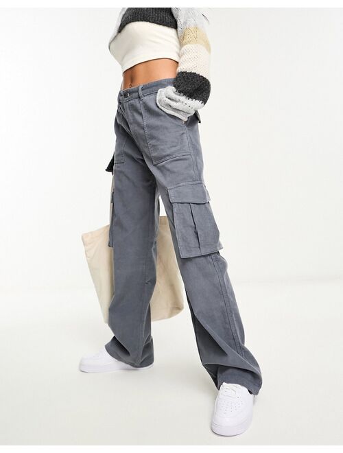 Pull&Bear wide leg cord cargo pants in gray