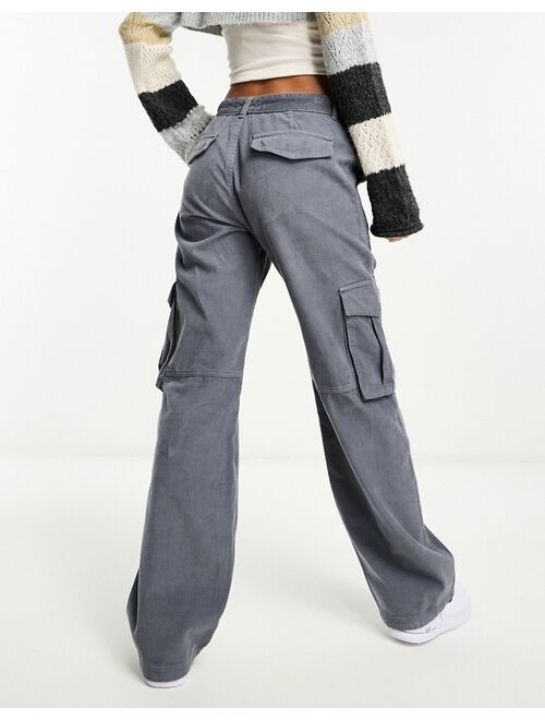 Pull&Bear wide leg cord cargo pants in gray