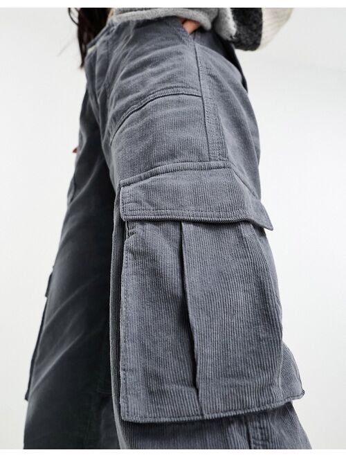 Pull&Bear wide leg cord cargo pants in gray