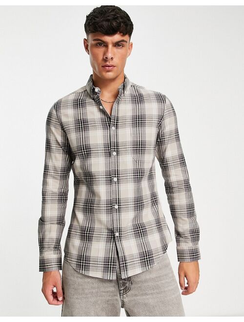 ASOS DESIGN stretch skinny check shirt in stone