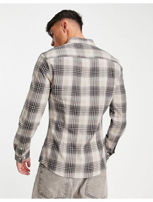 ASOS DESIGN stretch skinny check shirt in stone