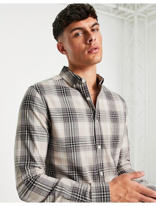 ASOS DESIGN stretch skinny check shirt in stone