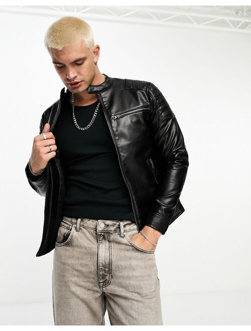 Pull&Bear faux leather racing jacket in black