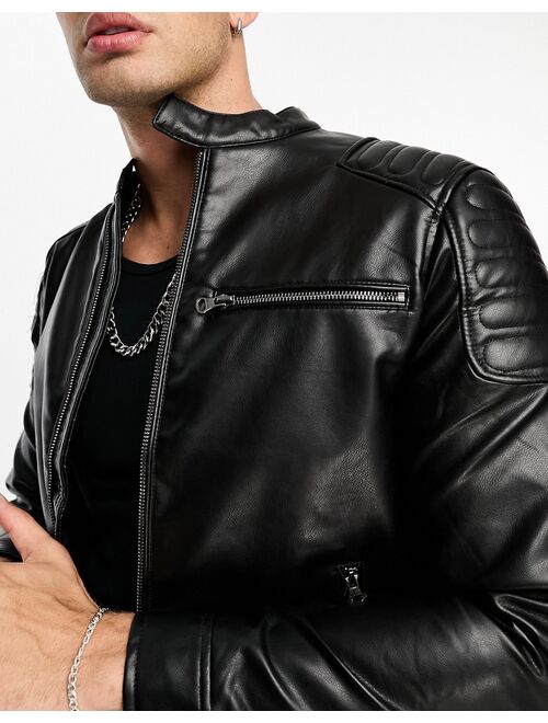 Pull&Bear faux leather racing jacket in black