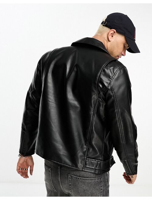 Pull&Bear faux leather biker jacket in black