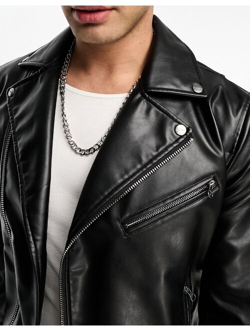 Pull&Bear faux leather biker jacket in black