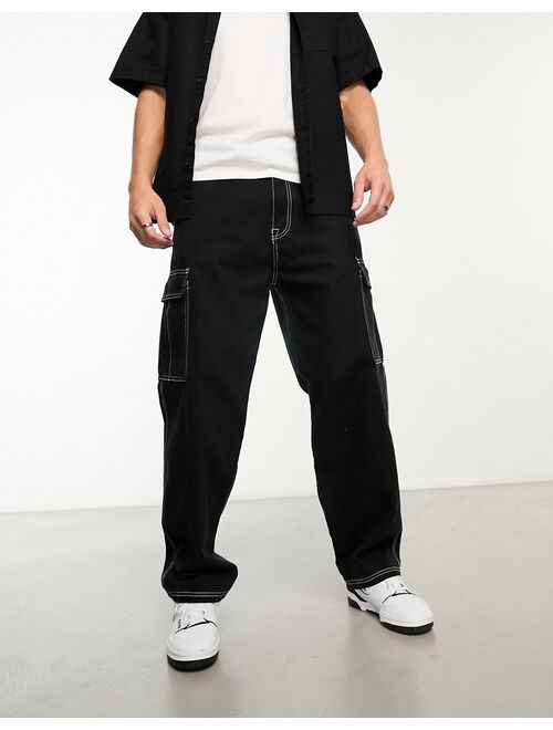 Pull&Bear contrast stitch cargo pants in black