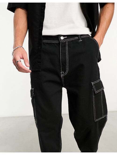 Pull&Bear contrast stitch cargo pants in black