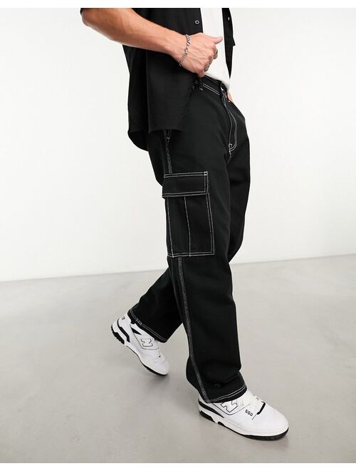 Pull&Bear contrast stitch cargo pants in black