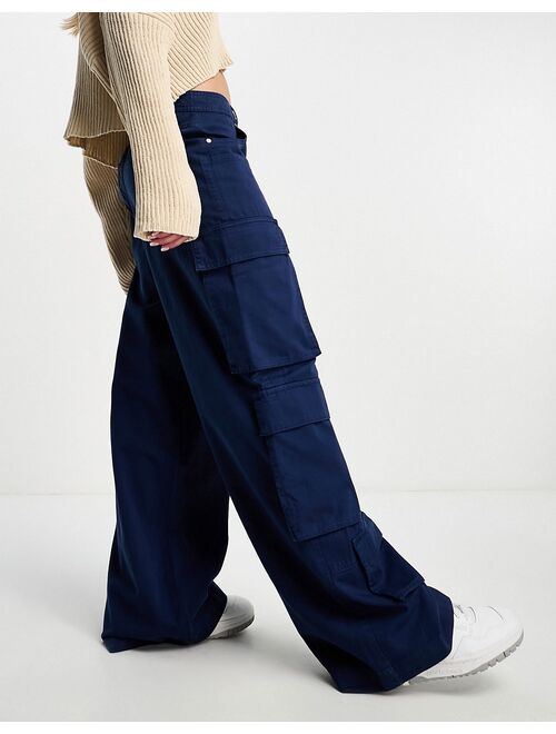 Pull&Bear multi pocket cargo pants in petrol blue