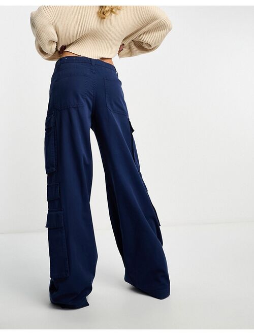 Pull&Bear multi pocket cargo pants in petrol blue