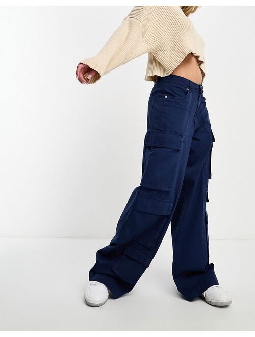 Pull&Bear multi pocket cargo pants in petrol blue