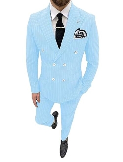 Wangyue Mens Pinstripe 2 Piece Suit Double Breasted Suit Slim Fit Tuxedo Wedding Suits for Men