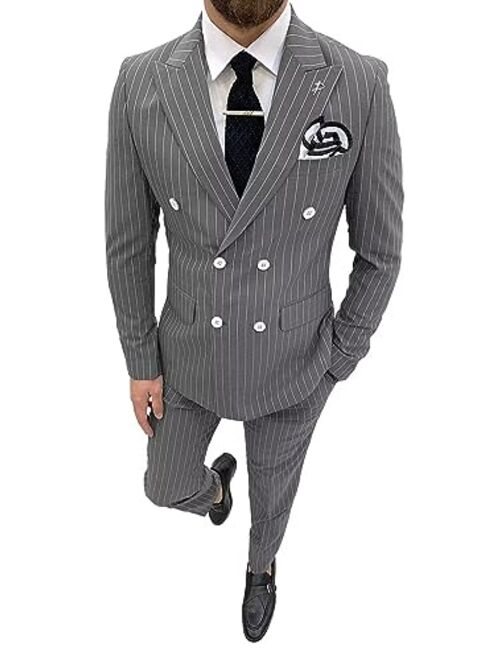 Wangyue Mens Pinstripe 2 Piece Suit Double Breasted Suit Slim Fit Tuxedo Wedding Suits for Men