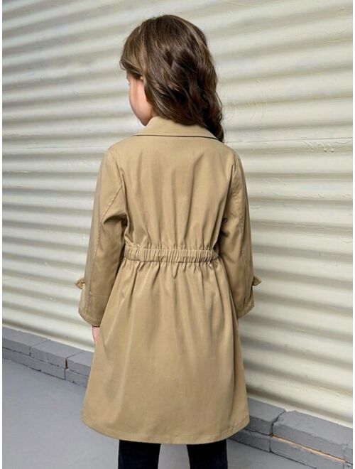 SHEIN Little Girls' Solid Color Woven Belted Loose Fit Long Casual Trench Coat With Lapel Collar