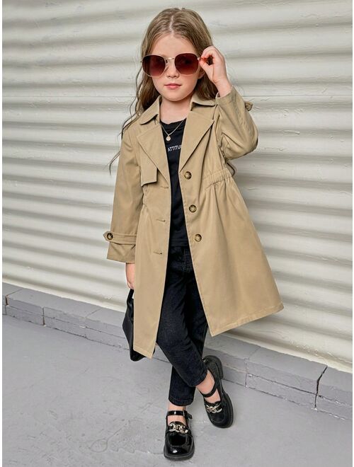 SHEIN Little Girls' Solid Color Woven Belted Loose Fit Long Casual Trench Coat With Lapel Collar