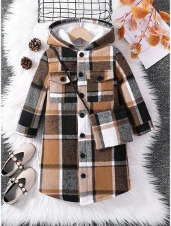 Young Girl Plaid Print Flap Pocket Thermal Lined Hooded Coat