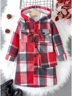 Young Girl Plaid Print Flap Pocket Thermal Lined Hooded Coat